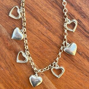 Vintage Sterling Silver Heart Charm Bracelet Puffy & Open Hearts